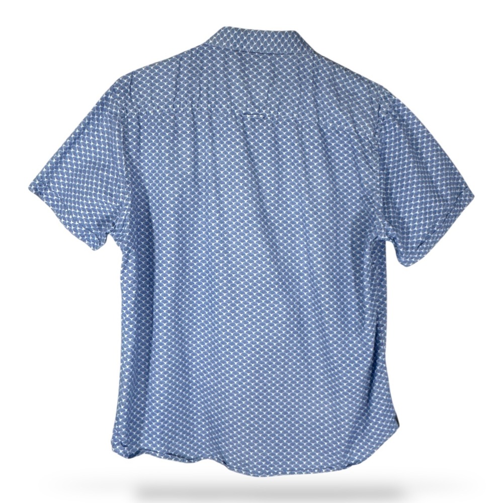 Nickel & Iron Mens Blue White Geometric Fan Print Cotton Short Sleeve Shirt L - Picture 2 of 5